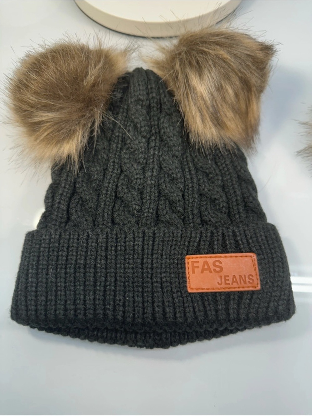 FAS Jeans Kids Black Cable Knit Pom-Pom Beanie, from SHEIN; Toddler size